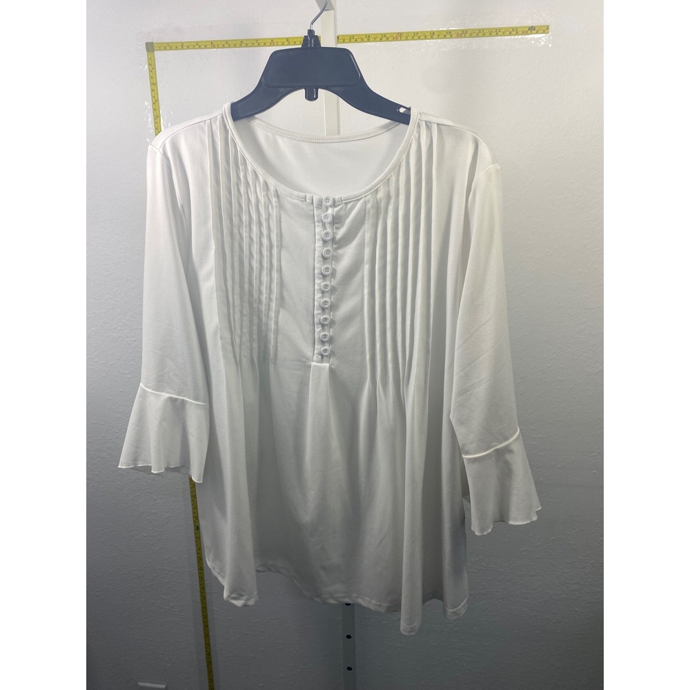 White Pintuck Button Front Blouse Bell Sleeve‎ Ruffle Cuff Top Womens XL